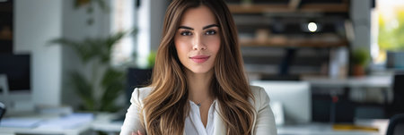 Confident latin businesswoman portrait at her office with copy spaceの素材