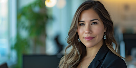 Confident latin businesswoman portrait at her office with copy spaceの素材
