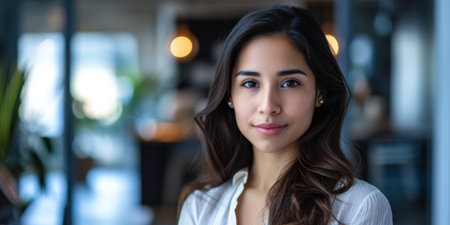 Confident latin businesswoman portrait at her office with copy spaceの素材