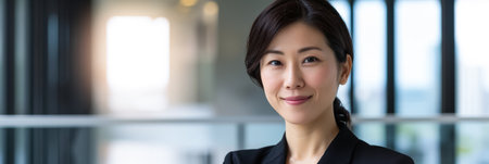 Confident Japanese businesswoman portrait at her office with copy spaceの素材