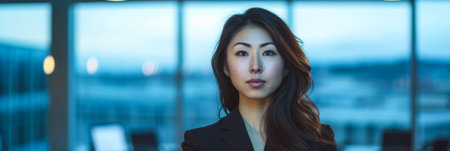 Confident Japanese businesswoman portrait at her office with copy spaceの素材