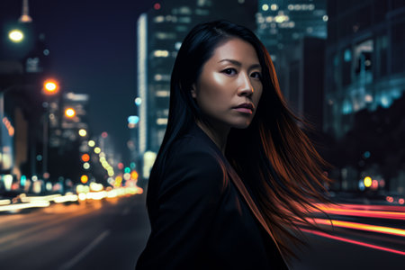 Asian businesswoman portrait looking confident on a night scene copy space backgroundの素材