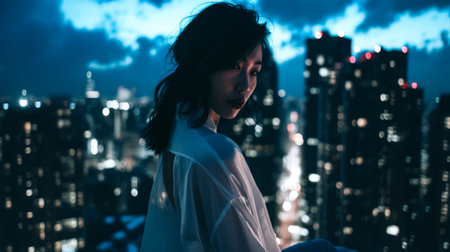 Asian businesswoman portrait looking confident on a night scene copy space backgroundの素材