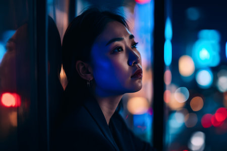 Asian businesswoman portrait looking confident on a night scene copy space backgroundの素材