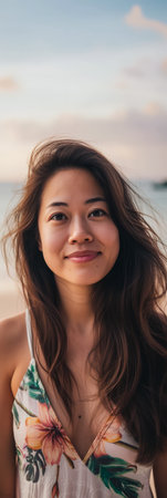 Young asian woman enjoying her holidays aloneの素材