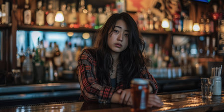 Young asian woman at at urban barの素材