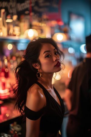 Young asian woman at at urban barの素材