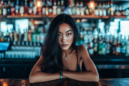 Young asian woman at at urban barの素材