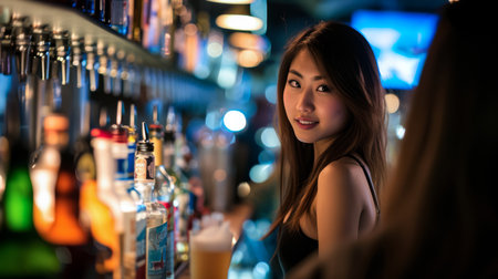 Young asian woman at at urban barの素材