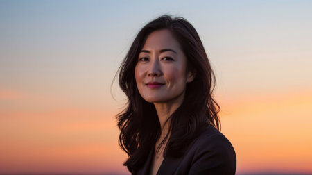 Asian businesswoman portrait looking confident on a sunset copy space backgroundの素材