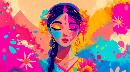 Beautiful young Indian woman illustration with her face painted during the Holi festival in Indiaの素材
