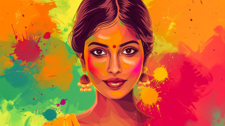 Beautiful young Indian woman illustration with her face painted during the Holi festival in Indiaの素材