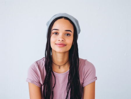 Close up portrait of a happy young woman isolated from a white background copy space for text.の素材