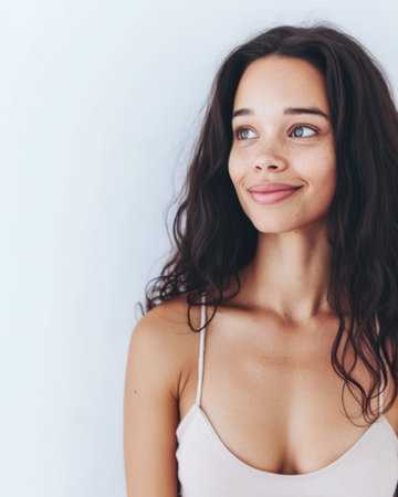 Close up portrait of a happy young woman isolated from a white background copy space for text.の素材