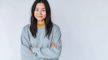 Close up portrait of a happy young woman isolated from a white background copy space for text.の素材