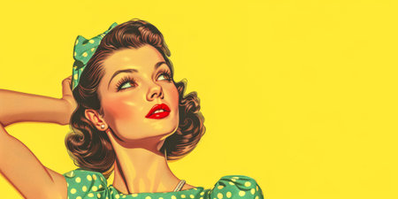Retro pop art illustration of a woman with vibrant colors and copyspace for textの素材