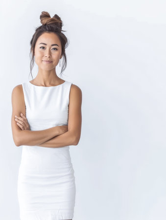 Portrait of a happy young Asian woman isolated from a white background copy space for text.の素材