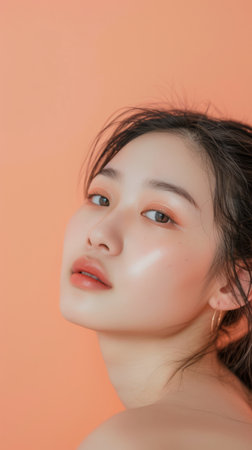 Vertical portrait of a beautiful Asian woman isolated on a peach copy space background for text.の素材