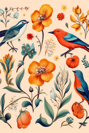 Colorful flora and fauna illustrationの素材