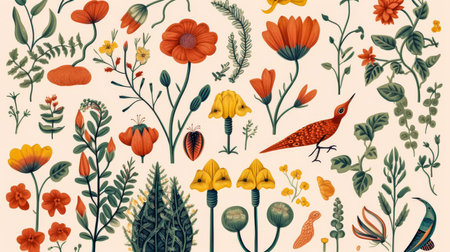 Colorful flora and fauna illustrationの素材
