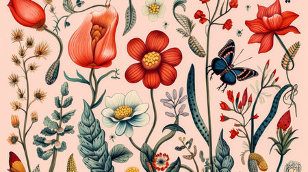 Colorful flora and fauna illustrationの素材