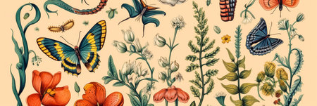 Colorful flora and fauna illustrationの素材