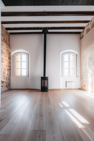 Empty room with bright light and a fireplace. Natural texture and minimalist interior design.の素材