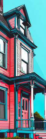 Vintage pop art illustration of a house with vibrant colorsの素材