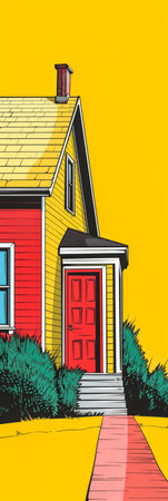 Vintage pop art illustration of a house with vibrant colorsの素材
