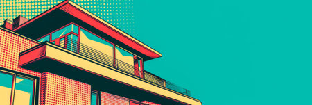 Vintage pop art illustration of a house with vibrant colorsの素材