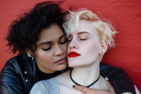 Multiracial lesbian couple together on a copy space backgroundの素材