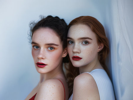 Multiracial lesbian couple together on a copy space backgroundの素材