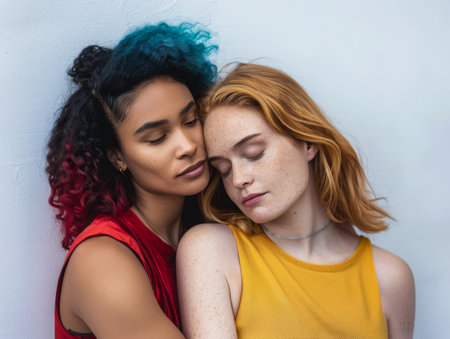 Multiracial lesbian couple together on a copy space backgroundの素材