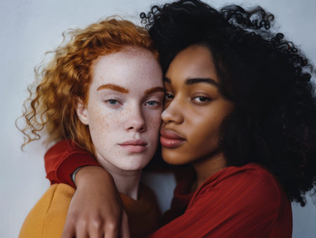 Multiracial lesbian couple together on a copy space backgroundの素材
