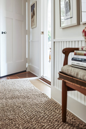 Intimate interior design composition with a classic wooden chair and a textured carpetの素材