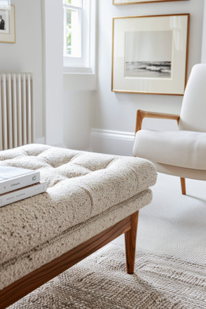 Serene and chic interior composition with a luxurious tufted bench and textured accentsの素材