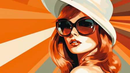 Retro style beauty poster illustration with a bold make up and colorful backdropの素材