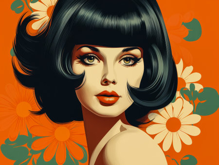 Retro style beauty poster illustration with a bold make up and colorful backdropの素材