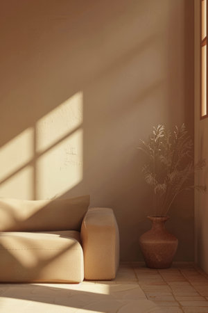 Serene minimalist interior design composition with a sofa and vase with dried flowersの素材
