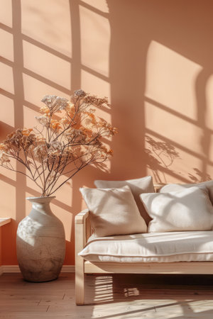 Serene minimalist interior design composition with a sofa and vase with dried flowersの素材