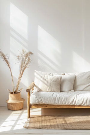 Serene minimalist interior design composition with a sofa and vase with dried flowersの素材