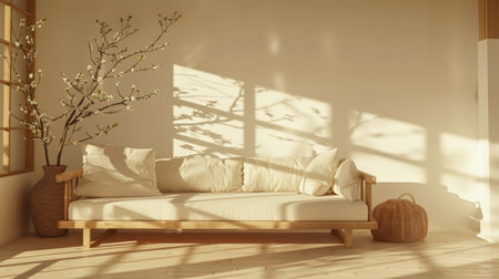 Minimalistic living room composition with a sofa and a vase in clear colorsの素材