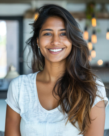 Portrait of a young woman isolated from the background with a gentle and approachable smileの素材