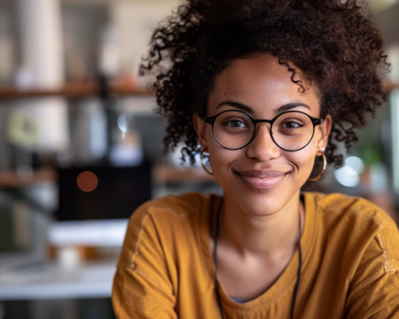 Portrait of a young woman isolated from the background with a gentle and approachable smileの素材