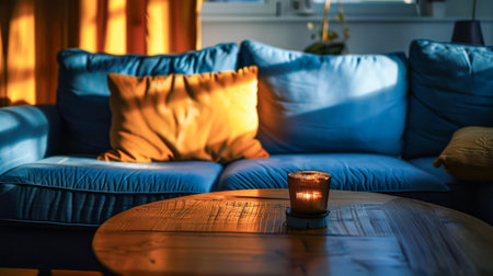 Elegant modern living room with ambient lighting and cozy decorの素材