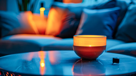 Elegant modern living room with ambient lighting and cozy decorの素材