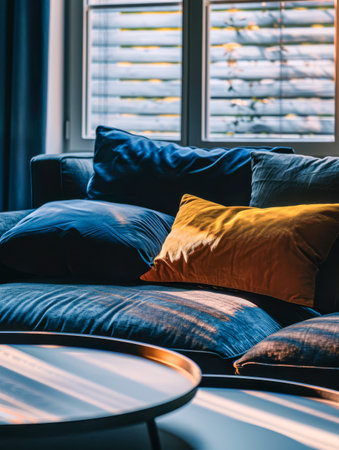 Elegant modern living room with ambient lighting and cozy decorの素材