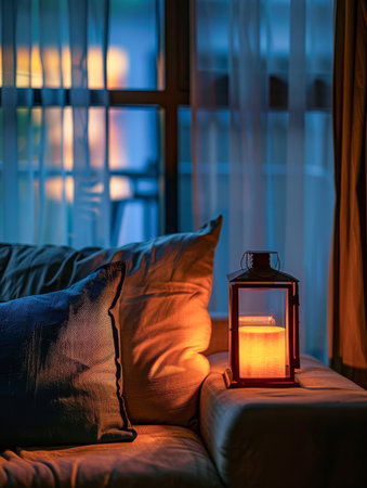 Elegant modern living room with ambient lighting and cozy decorの素材