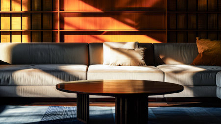 Elegant modern living room with ambient lighting and cozy decorの素材