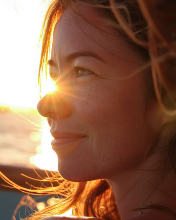 Beautiful young woman portrait with the early morning lightの素材